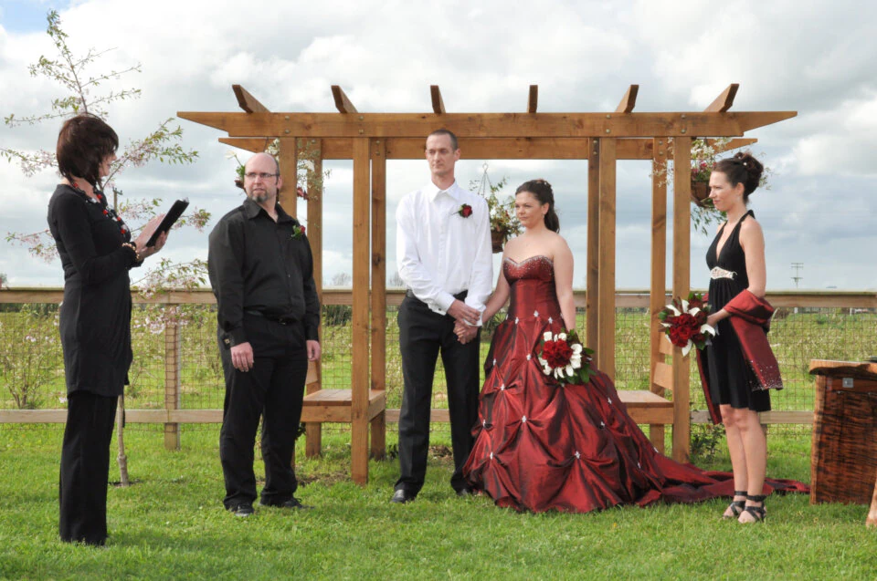 Wedding guests by the pergola at Cafe Irresistiblue
